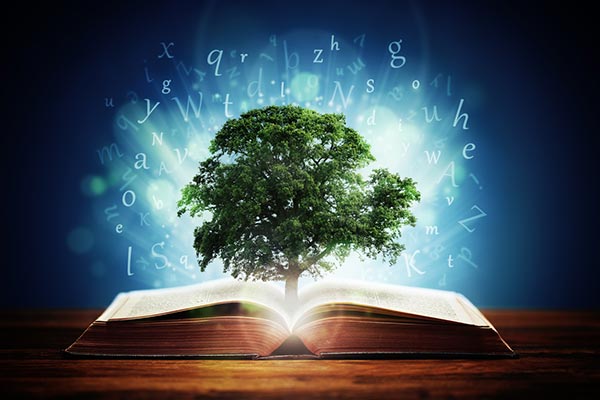 Abstract image of book opening to reveal tree